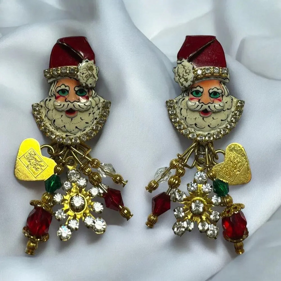 Lunch At The Ritz RARE Christmas Dangle Earrings, Santa, Snowflakes, Rhinestones - Picture 1 of 4